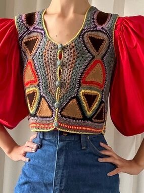 70s Halston Patchwork Vest  Vintage hippie patchwork wool crochet and suede
